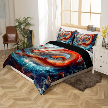 Feelyou Dragon Monster Bedding Set Queen Size Red Mighty Dragon Duvet Cover for Adult Kids Boys Girls Classical Monster Comforter Cover Set Wild Animal Bedspread Cover 3Pcs Zipper