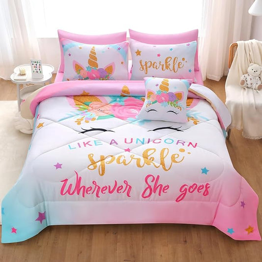 JQinHome Unicorn Queen Bedding Sets for Girls Kids,8 Piece Bed in A Bag 3D Colorful Flower Girl Unicorn Comforter Set with Sheet Set(Sparkle)