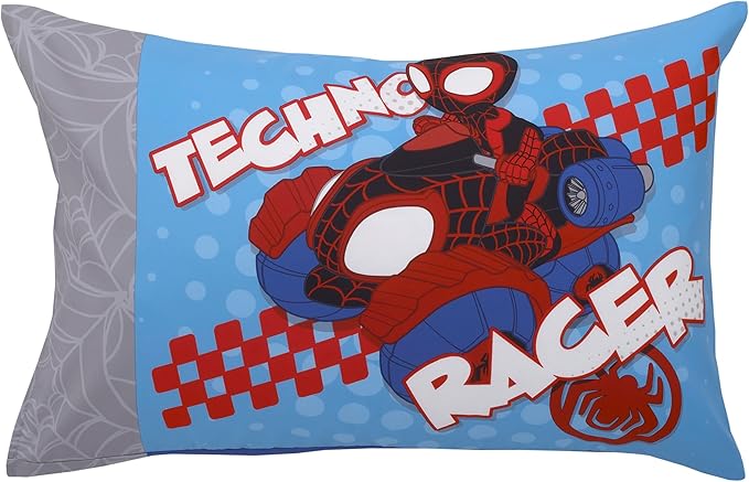 NoJo Marvel Spiderman Spidey and his Amazing Friends Spidey Time Red, Blue, and Grey 4 Piece Toddler Bed Set - Comforter, Fitted Bottom Sheet, Flat Top Sheet, and Reversible Pillowcase