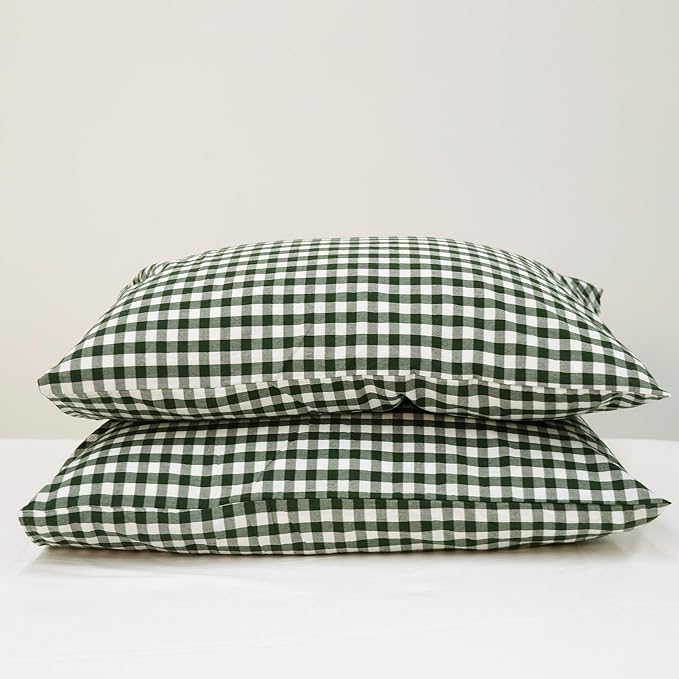 MooMee Bedding Pillowcases Gingham Pack of 2 100% Washed Cotton Linen Like Textured Breathable Durable Soft Comfy (Classic Gingham Forest Green, King)
