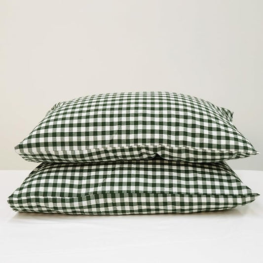 MooMee Bedding Pillowcases Gingham Pack of 2 100% Washed Cotton Linen Like Textured Breathable Durable Soft Comfy (Classic Gingham Forest Green, King)