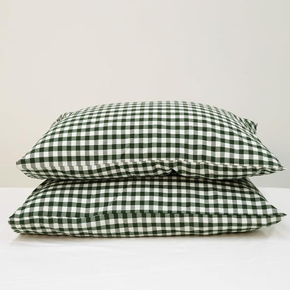 MooMee Bedding Pillowcases Gingham Pack of 2 100% Washed Cotton Linen Like Textured Breathable Durable Soft Comfy (Classic Gingham Forest Green, Queen)