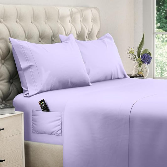 DREAMCARE Full Size Sheets Set - 4 Pcs Cooling Bed Sheets with Up to 15" Deep Pockets - Soft, Long-Lasting 100% Brushed Polyester with Side Pocket (Lavender)