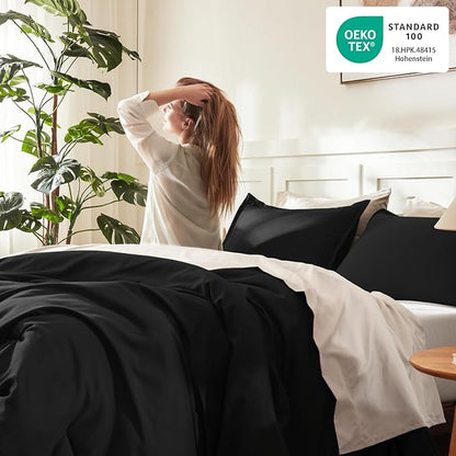 Litanika Comforters Black Oversized Queen Size, 3 Pieces Lightweight Solid Bedding Comforter Set, All Season Fluffy Bed Set (98x98In Comforter & 2 Pillowcases)