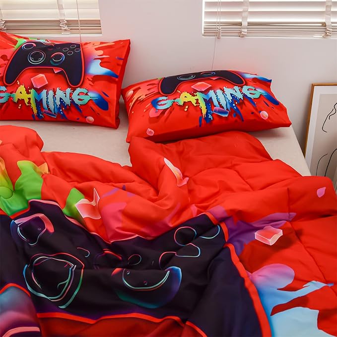Aimuan Gaming Comforter Sets for Boys Kids Bedding Sets Video Games Console Action Buttons Novelty Colorful Game Gamepad Controller Modern Gamer Room Decor Home Quilt Set (Full, Red)