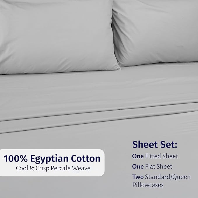 California Design Den Certified 100% Egyptian Cotton Sheets Queen Size Bed Set - Queen Sheet Set Percale with Deep Pockets, Lightweight, Crisp, Durable Luxury Bedding - Light Grey