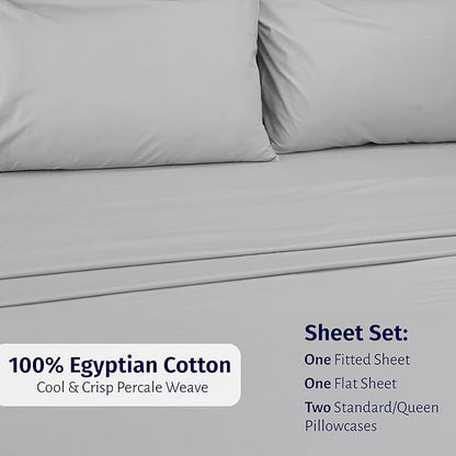 California Design Den Certified 100% Egyptian Cotton Sheets Queen Size Bed Set - Queen Sheet Set Percale with Deep Pockets, Lightweight, Crisp, Durable Luxury Bedding - Light Grey