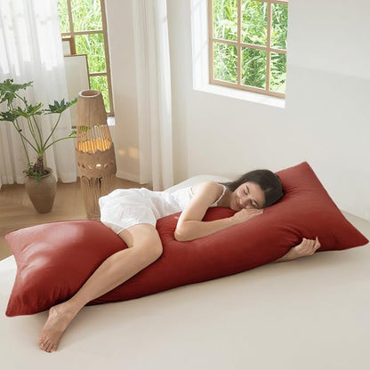 MooMee Body Pillow Cover Pillowcase with Zipper 100% Washed Cotton Linen Like Textured Breathable Durable Soft Comfy (Solid Fired Brick Red, 21”x54”, 1PC)