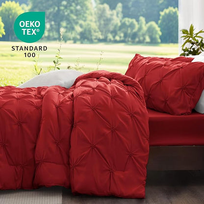 BEDELITE Red King Size Comforter Set - 3 Pieces Boho Pintuck Bedding Comforter Sets, Lightweight Soft & Warm King Bedding Set with 2 Pillowcases for All Season