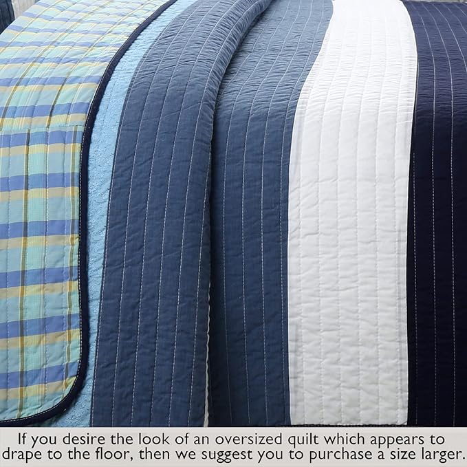 Cozy Line Home Fashions Navy Blue Striped Boy 100% Cotton Reversible Quilt Bedding Set, All-Season Coverlet Bedspread (Preston, Queen - 3 Piece)