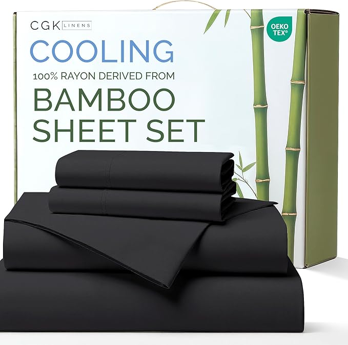 100% Rayon Derived From Bamboo - Bamboo Sheets Queen Size - Cooling Sheets for Queen - Ultra Soft, Breathable & Hotel Luxury Bedding - 1 Flat & 1 Fitted & 2 Pillowcases w/ 16 Inch Deep Pockets - Black