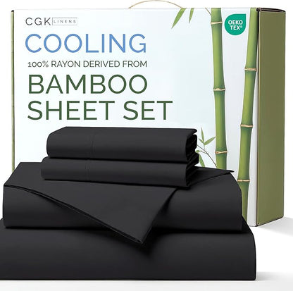 100% Rayon Derived From Bamboo - Bamboo Sheets Queen Size - Cooling Sheets for Queen - Ultra Soft, Breathable & Hotel Luxury Bedding - 1 Flat & 1 Fitted & 2 Pillowcases w/ 16 Inch Deep Pockets - Black