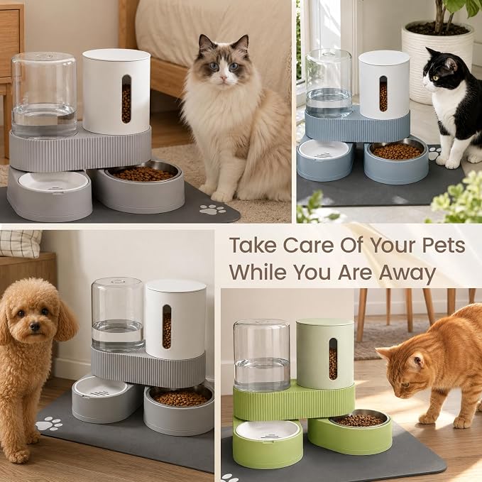 Gravity Cat Feeder 2 Pack Automatic Food Feeder and Water Dispenser Set Detachable Pet Bowl with Silicone Mat and Brush for Cats Small Medium Dogs, Large Capacity(Grey)