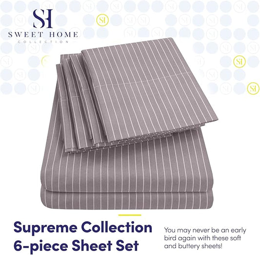 Queen Sheets Pinstripe Gray - 6 Piece 1500 Supreme Collection Fine Brushed Microfiber Deep Pocket Queen Sheet Set Bedding - 2 Extra Pillow Cases, Great Value, Queen, Pinstripe Gray