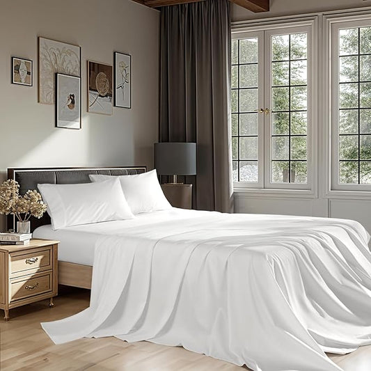 100% Egyptian Cotton Sheets 1200 Thread Count Full Size Bedding Sets 4 Pcs, Fitted Sheet Up to 16" Deep Breathable All Seasons (Full, White)
