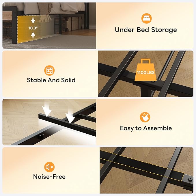 LIKIMIO California King Bed Frame with Storage Headboard and LED Lights, Metal Platform Bed with Charging Station, Noise Free, No Box Spring Needed, Under Bed Storage, Natural and Cream