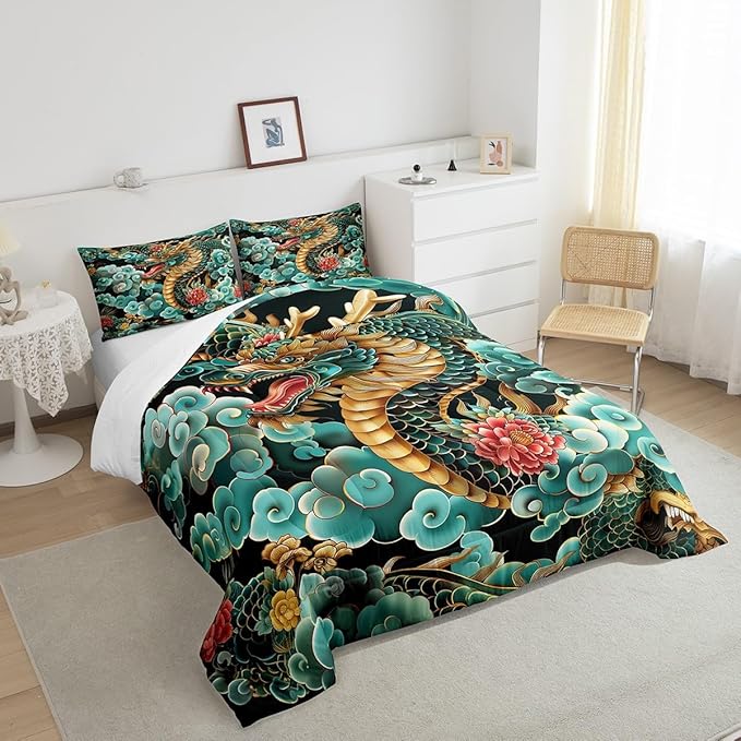 Castle Fairy Chinese Loong Boys Kids Comforter Set Full Size,Exotic Chinese Style Duvet Set Room Decor,Propitious Cloud Brushed Microfiber Soft Bedding Comforter