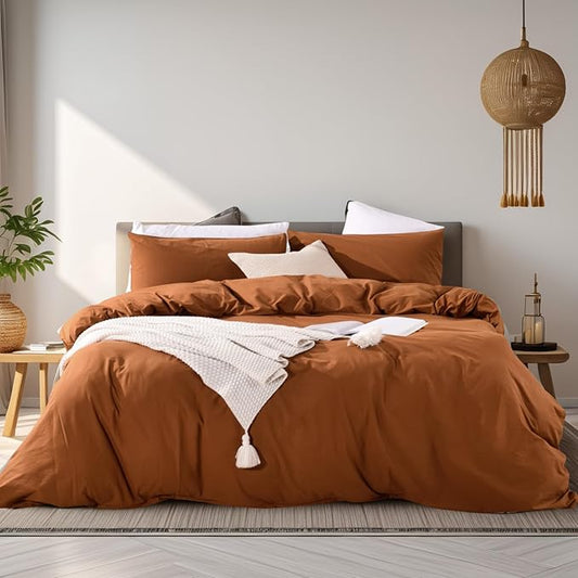 NEXHOME PRO Duvet Cover Set 100% Washed Cotton Oversized King 120"x98" Linen Feel Textured Organic Natural 3 Pieces Bedding Set Terracotta Burnt Orange with Zipper Closure Breathable(No Comforter)