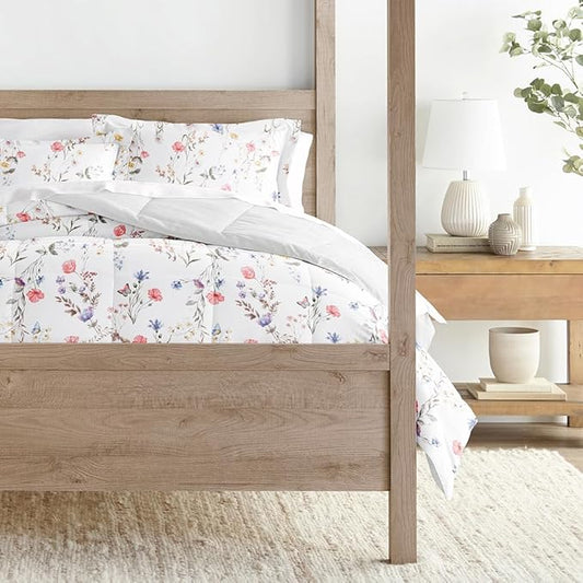 LINENS & HUTCH Comforter Set Patterned Microfiber All Season Down-Alternative Ultra Soft Bedding in Meadow Floral Stripe - King/Cal-King Meadow Floral Stripe Pink