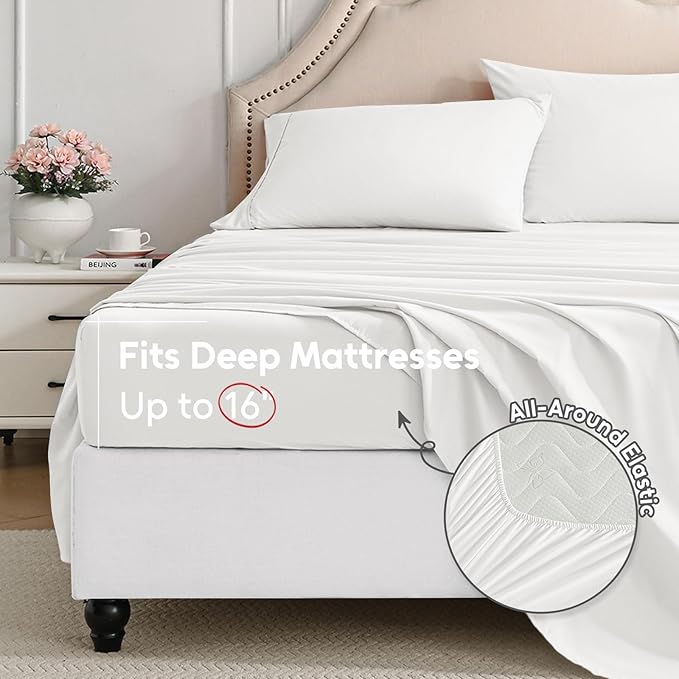 Queen Sheet Set, 4 Pieces Hotel Luxury Soft Microfiber Queen Bed Sheets Set, Up to 16" Deep Pockets, Oeko-Tex Sheets with Elastic, Breathable, Wrinkle Free(White,Queen)
