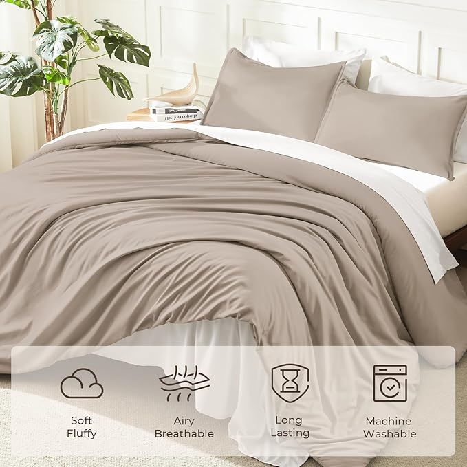 Litanika Light Coffee Oversized King Comforters Super King Size, 3 Pieces Lightweight Solid Bedding Comforter Set, All Season Fluffy Bed Set (120x120In Comforter & 2 Pillowcases)