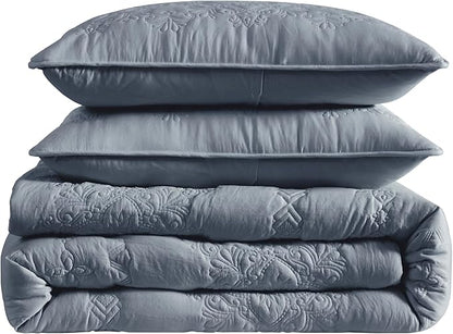 B2EVER Boho Blue Quilt Queen Size Bedding Sets with Pillow Sham, Bohemian Lightweight Soft Bedspread Coverlet, Farmhouse Floral Vintage Thin Comforter Bed Cover All Season, 3 Pieces, 90x90 inches