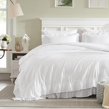 Cupocupa White Full Comforter Set, 3Pcs Comforters Ruffle Farmhouse Bedding Sets Full with Comforter, Lightweight Soft Shabby Chic Bedding Comforter Set Fluffy for All Season (White, F)