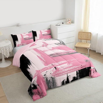 Erosebridal Abstract Pink Comforter Set Toddler Size Girly Black and Pink Comforter Set for Teens Girls Kids Geometric Modern Bedding Sets Minimalists Modern Striped Art Bed Sets for Women Men