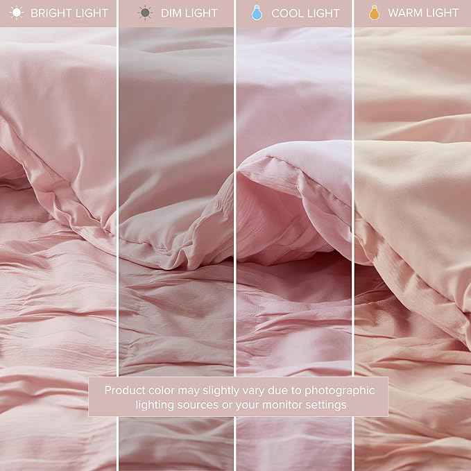 Comfort Spaces Comforter for King Size Bed, Ogee Ruched with Crinkle Texture, Breathable Comforter Set King, All Season Lightweight Bedding Set, Shams, Décor Pilow, King/Cal King Pink 4 Piece