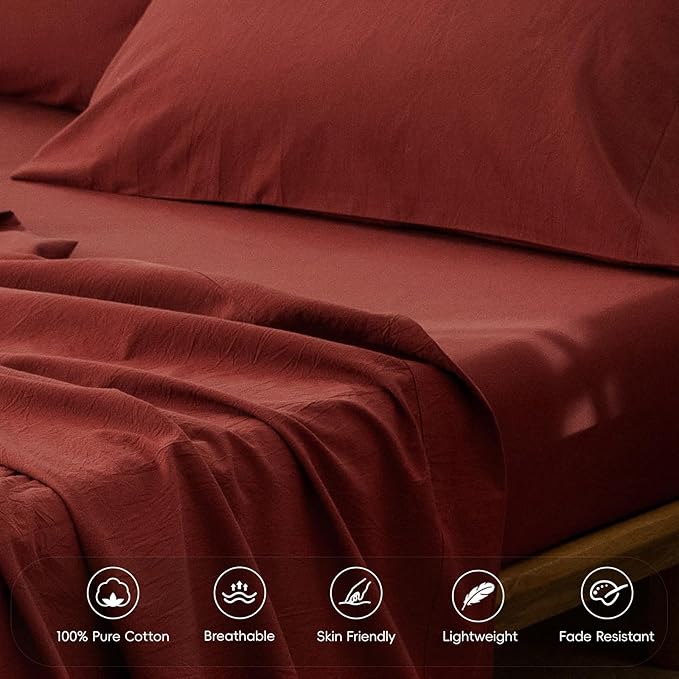 MooMee Fitted Bottom Sheet Only 100% Washed Cotton Linen Like Textured Breathable Durable Soft Comfy Deep Pocket Fits Mattress up to 17" (Solid Fired Brick Red, Twin)