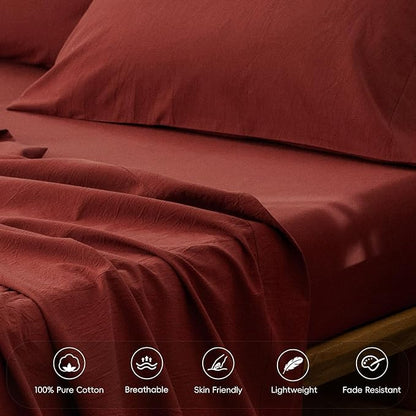 MooMee Fitted Bottom Sheet Only 100% Washed Cotton Linen Like Textured Breathable Durable Soft Comfy Deep Pocket Fits Mattress up to 17" (Solid Fired Brick Red, Twin)