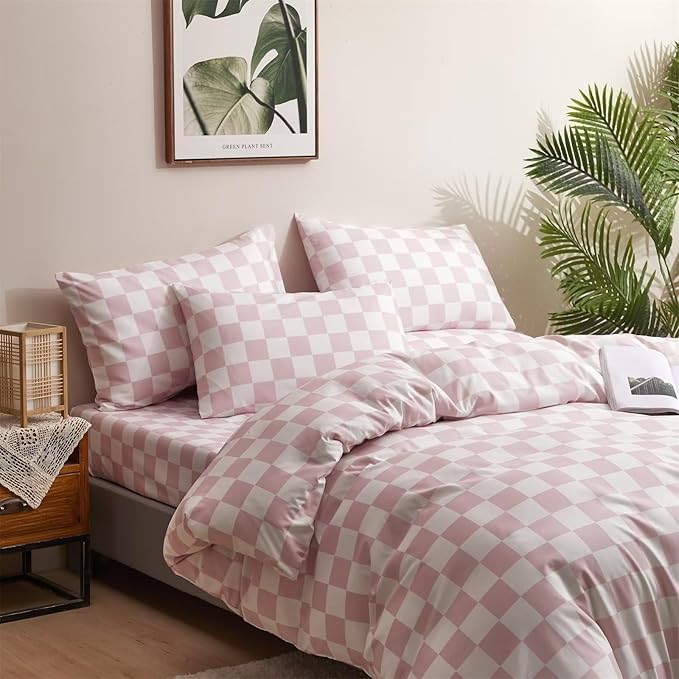 Houseri White Pink Plaid Comforter Set King Light Pink Checkerboard Bedding Comforter Sets Women Elegant Baby Pink Buffalo Checkered Bed Quilt Blanket Comfy Pale Pink Grid Gingham Comforter King Size