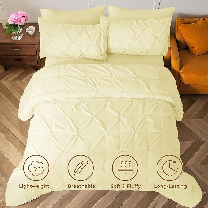 Sasttie California King Comforter Set, 7-Piece Bed in a Bag, Pintuck Bedding Sets for All Season, Includes Comforter, Flat Sheet, Fitted Sheet, Pillowcases and Pillowshams, Cream Yellow