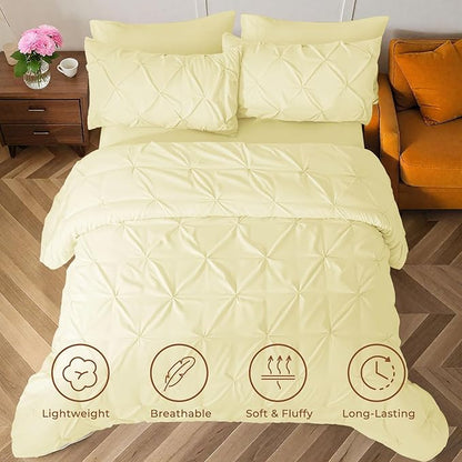 Sasttie California King Comforter Set, 7-Piece Bed in a Bag, Pintuck Bedding Sets for All Season, Includes Comforter, Flat Sheet, Fitted Sheet, Pillowcases and Pillowshams, Cream Yellow