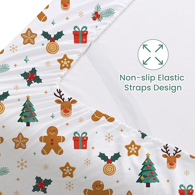 Softan Christmas Holiday Twin Size Sheet Set,3-Piece Printed Microfiber Fitted Bed Sheet with 15" Deep Pocket & Non-Slip Straps, Snowflake Reindeer Patterned Sheets & Pillowcase Set