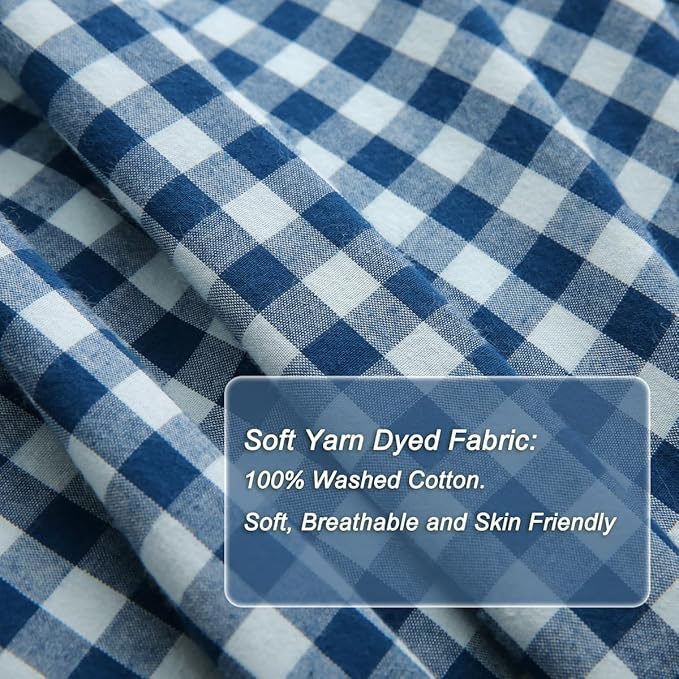 Navy Blue/White Plaid Ruffle 3-Piece Duvet Cover Set Full Size,Washed Cotton Shabby Gingham Checkered Bedding Set Vintage Comforter Set