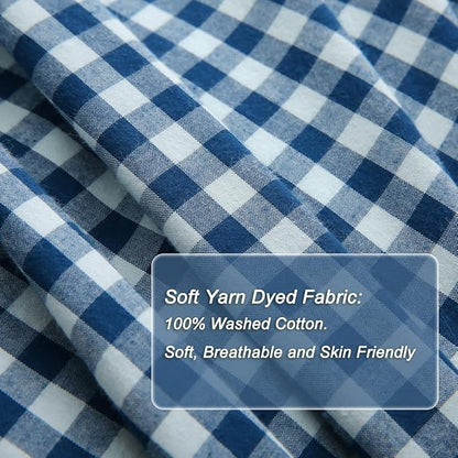 Navy Blue/White Plaid Ruffle 3-Piece Duvet Cover Set Full Size,Washed Cotton Shabby Gingham Checkered Bedding Set Vintage Comforter Set