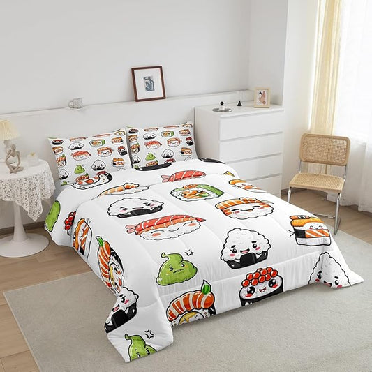 Feelyou Sushi Pattern Comforter Set Japanese-Style Bedding Set for Kids Boys Girls Teens Food Theme Comforter Cute Cartoon Japanese Sushi Duvet Set Room Decor Quilt Set Toddler Size Microfiber