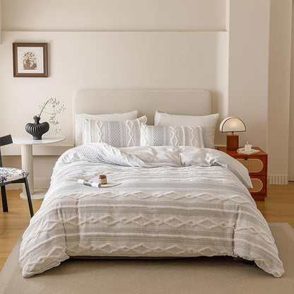 Luxlovery Boho White Comforter Set Queen Women Men Farmhouse White Black Jacquard Bedding Set Bohemian Country Blanket Quilts Durable Soft Breathable 3PCS Comforter Set Queen Bed