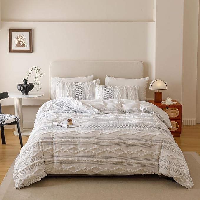 Luxlovery Boho White Comforter Set Twin Teens Kids Farmhouse White Black Jacquard Bedding Set Bohemian Country Blanket Quilts Durable Soft Breathable 3PCS Comforter Set Twin Bed