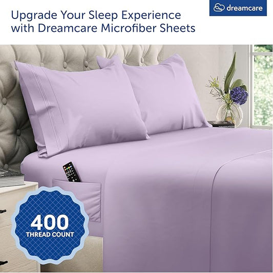 DREAMCARE Queen Size Sheets - Cooling Bed Sheets - 4pcs Set - up to 15" Deep Pocket Queen Sheet Set - Sheets Queen Size Bed - Soft & Long Lasting 100% Fine Microfiber with Side Pocket - Lavender