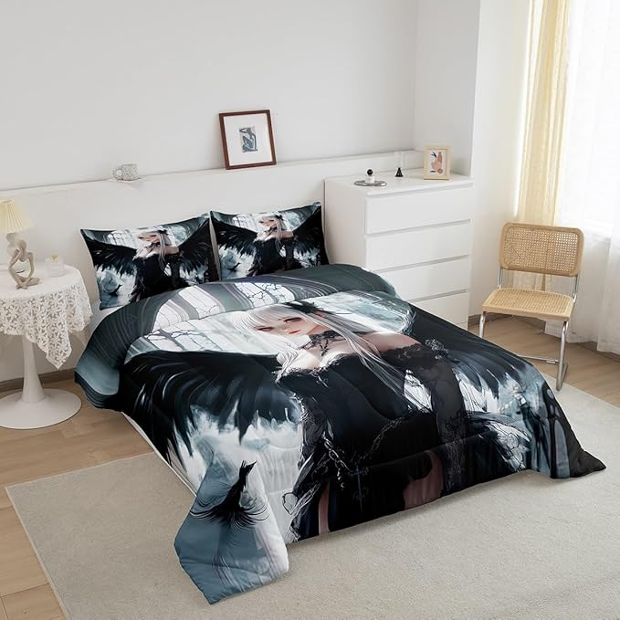 Erosebridal Anime Girl Bedding Set Queen Size, Kawaii Japanese Anime Comforter for Kids Boys Teens Adult, Cartoon Girl Quilt Japan Animation Bedroom Decor, Machine Washable, Black White