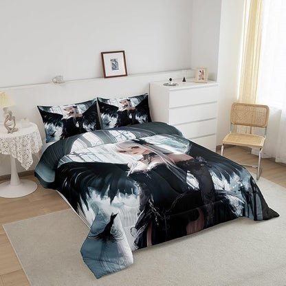 Erosebridal Anime Girl Bedding Set Toddler Size, Kawaii Japanese Anime Comforter for Kids Boys Teens Adult, Cartoon Girl Quilt Japan Animation Bedroom Decor, Machine Washable, Black White