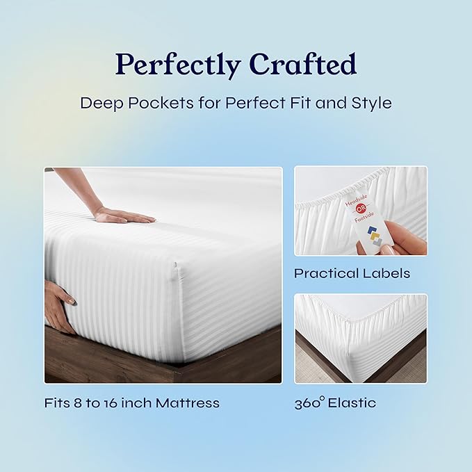 California Design Den Striped King Size Sheets Set - Soft 400 Thread Count Sateen, Natural 100% Cotton Sheets with Deep Pockets, and Durable Bedding Set - Striped White