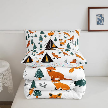 Feelyou Camping Comforter Set Toddler Size Fox Comforter Camper Accessories for Travel Trailers Bedding Set Cute Duvet Set Room Decor Wool White Quilt Set