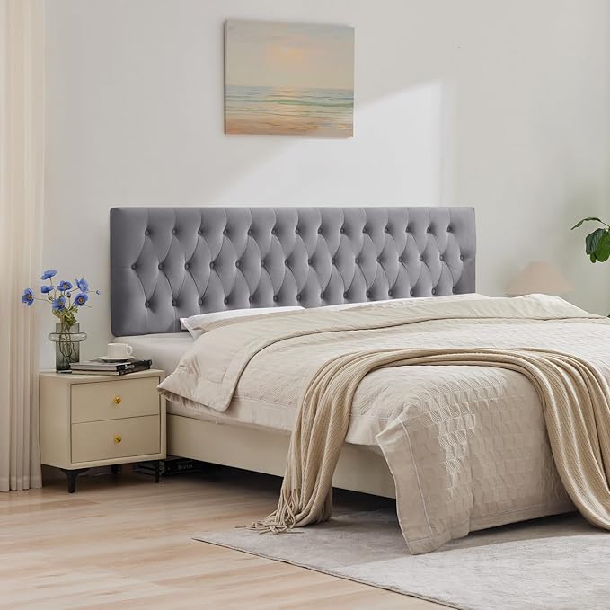 Tufted Upholstered Twin Size Velvet Headboard in Modern Button Design, Adjustable Solid Wood Head Board, Premium Sponge Padded Headboards in Bedroom (Gray)