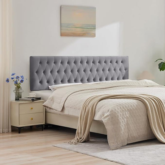 Tufted Upholstered Twin Size Velvet Headboard in Modern Button Design, Adjustable Solid Wood Head Board, Premium Sponge Padded Headboards in Bedroom (Gray)