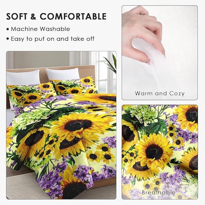 King Size Comforter Set with 2 Pillowcases, Retro Sunflower Yellow Floral Flower Soft 3 Pcs Bedding for Kids and Adults Bedroom Bed Decor