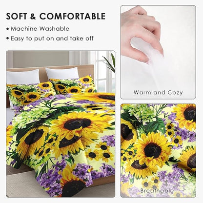King Size Comforter Set with 2 Pillowcases, Retro Sunflower Yellow Floral Flower Soft 3 Pcs Bedding for Kids and Adults Bedroom Bed Decor