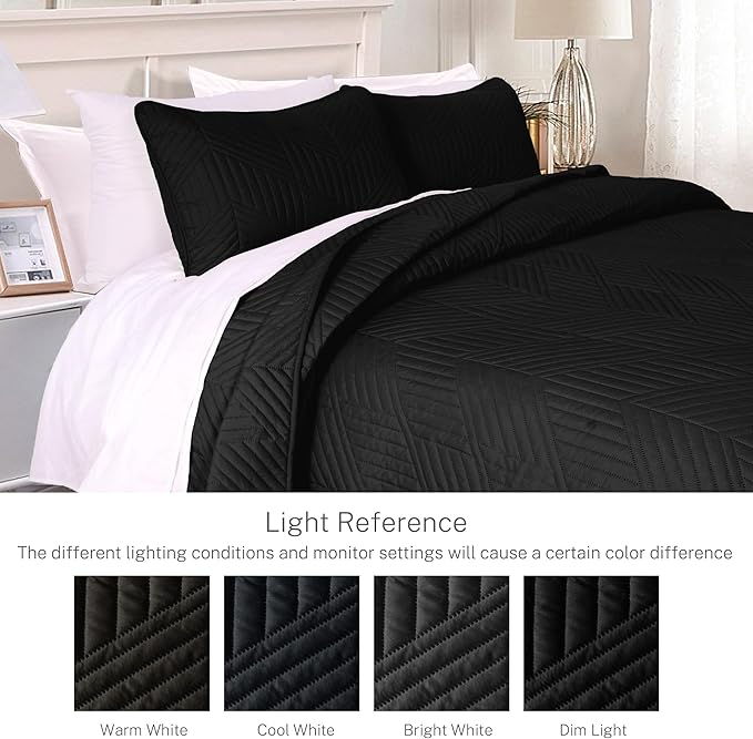 Exclusivo Mezcla Ultrasonic King Quilt Bedding Set, Lightweight Black Bedspreads Soft Modern Geometric Coverlet Set for All Seasons (1 Quilt and 2 Pillow Shams)